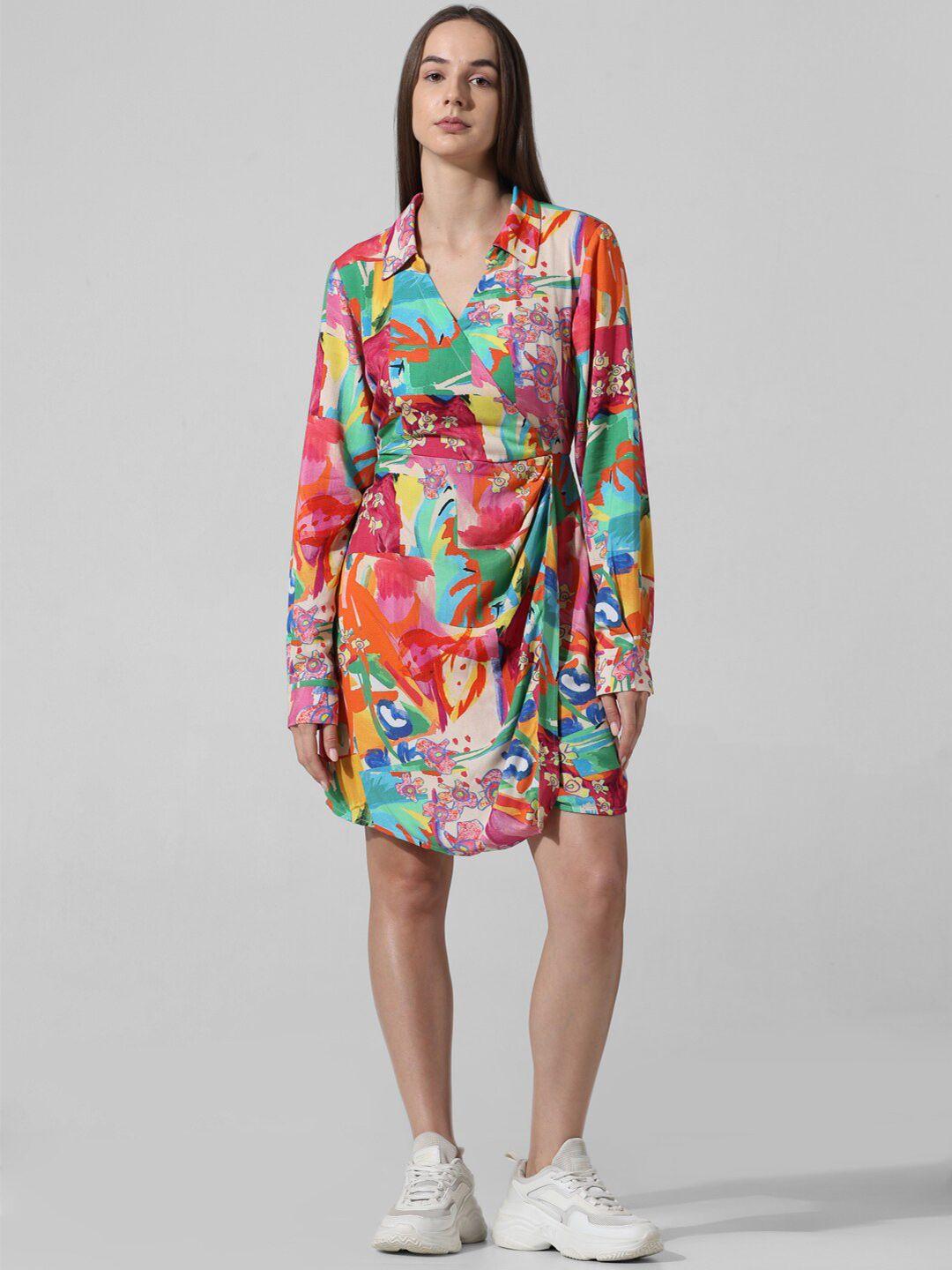 only abstract printed shirt collar wrap dress