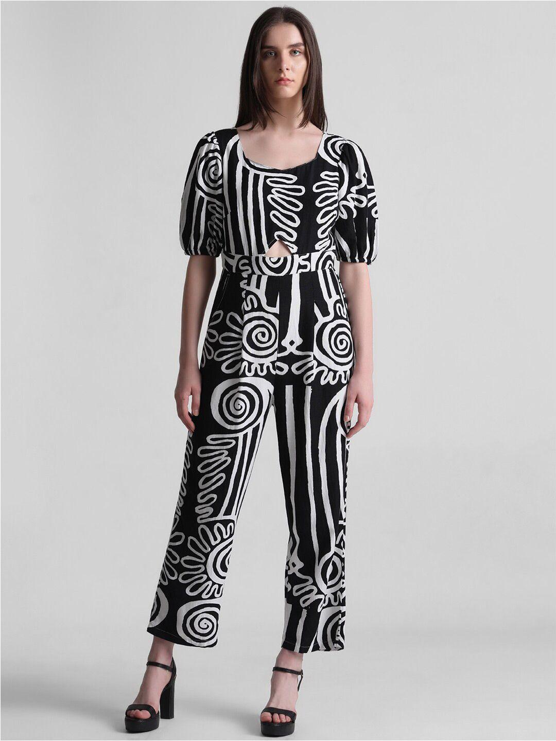 only abstract printed sweetheart neck puff sleeves basic jumpsuit with cut outs