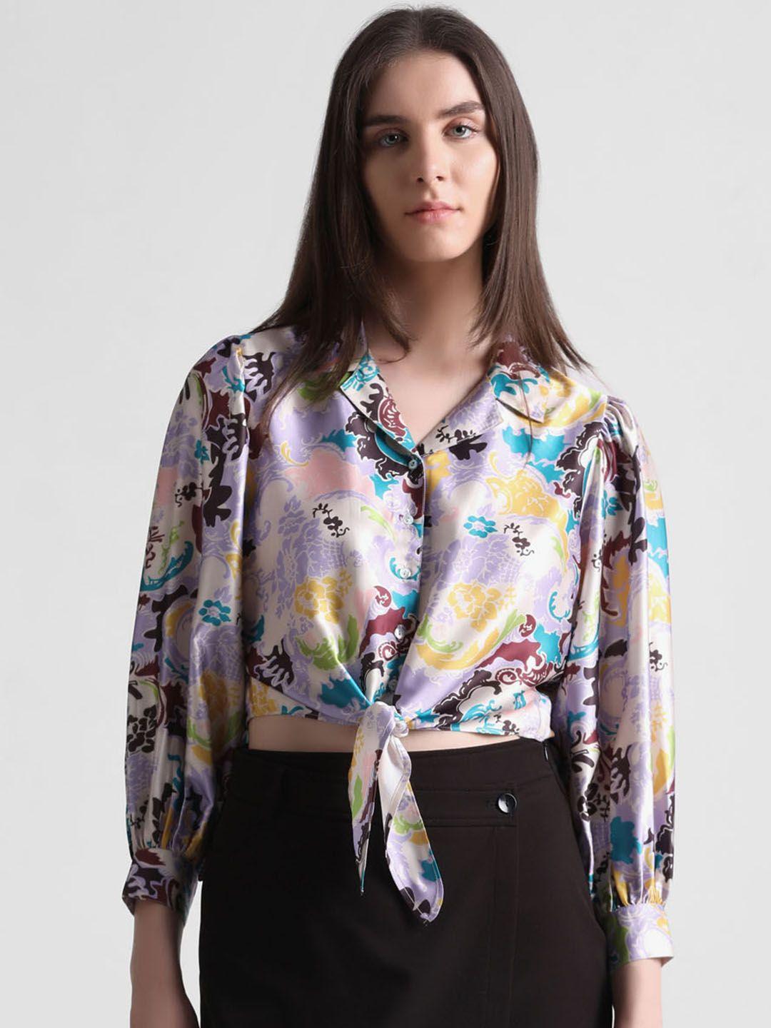 only abstract printed tie-up detail crop casual shirt
