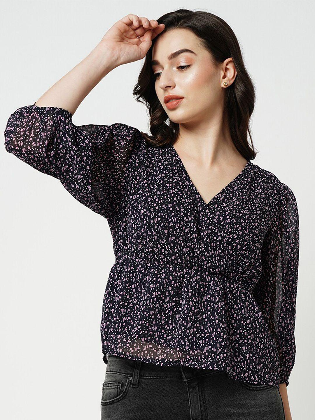 only abstract printed v-neck puff sleeves peplum top