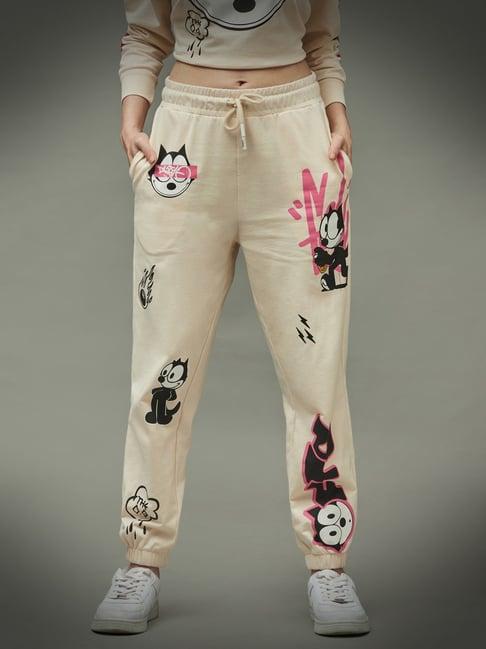only beige cotton printed high rise joggers