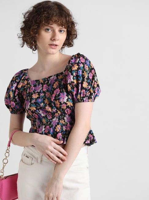 only black & pink cotton floral print top