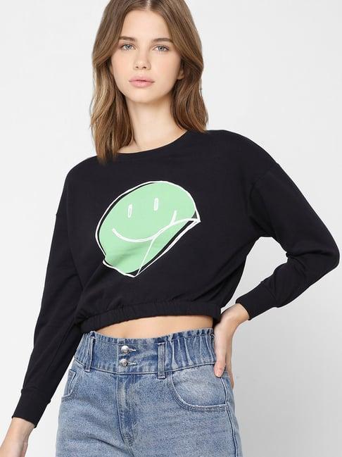 only black cotton printed crop sweatshirt