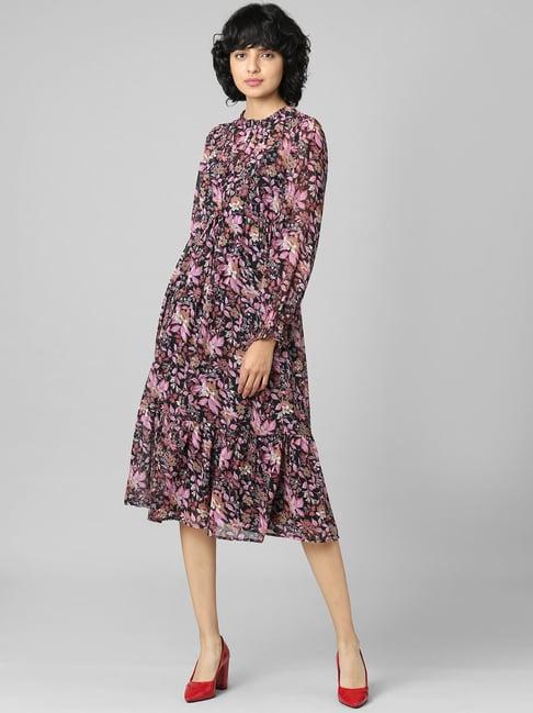 only black floral print fit & flare dress