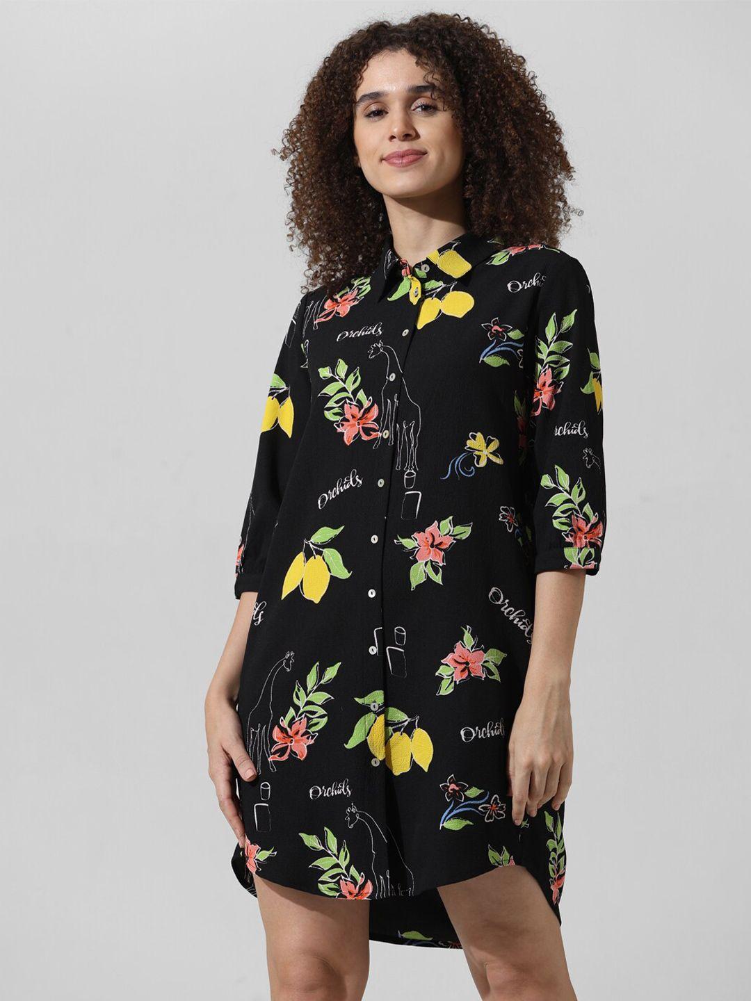 only black floral printed curved shirt mini dress