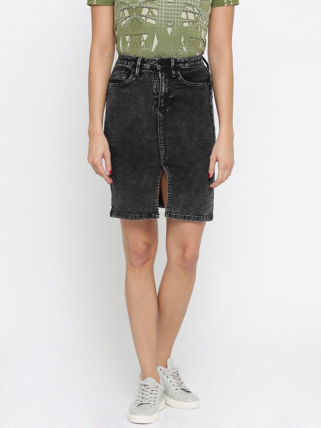 only black washed high-rise denim pencil skirt