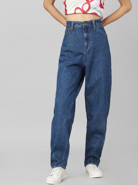 only blue cotton relaxed fit high rise jeans