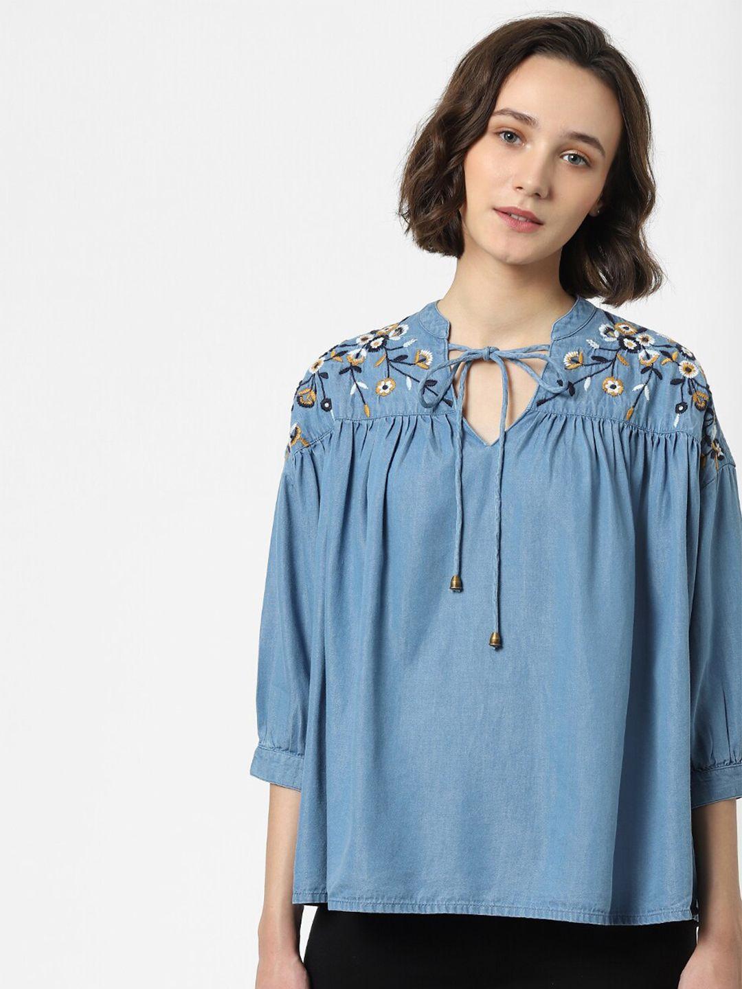 only blue embroidered tie-up neck top