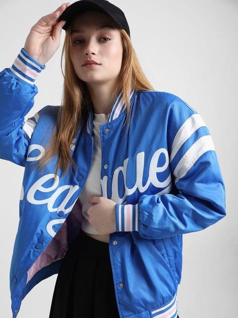 only blue graphic print bomber jacket