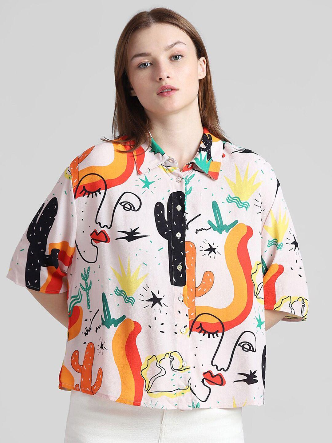 only boxy conversational printed half placket casual shirt