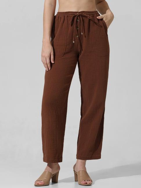 only brown cotton straight fit mid rise pants