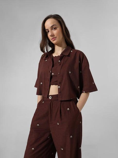 only brown embroidered crop shirt