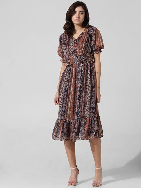 only brown printed midi dress