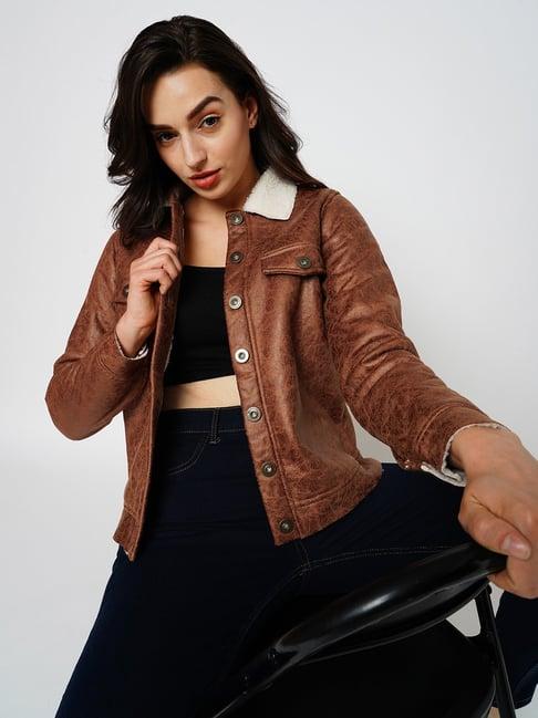 only brown regular fit biker jacket