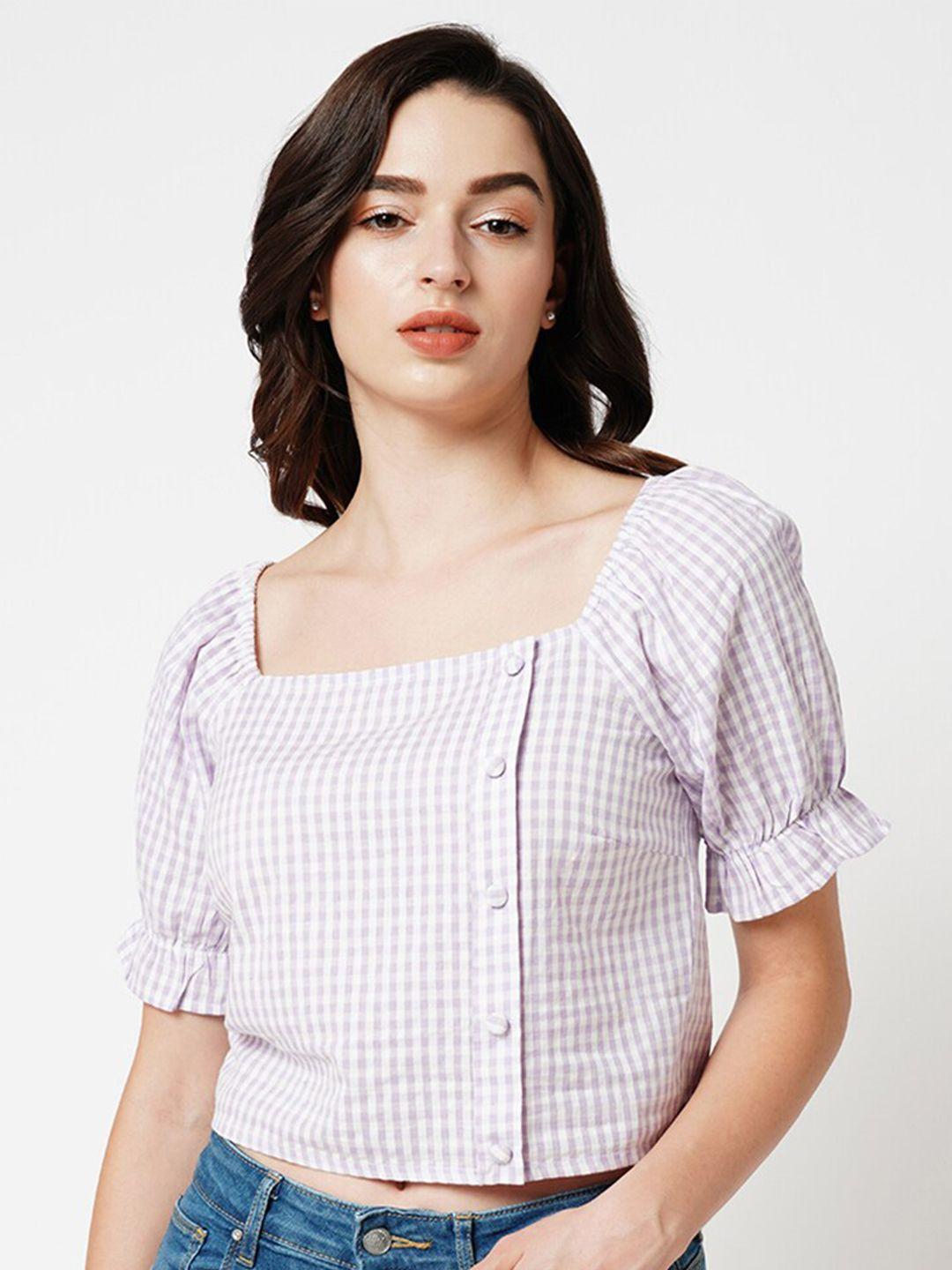 only checked puff sleeves square neck pure cotton crop top