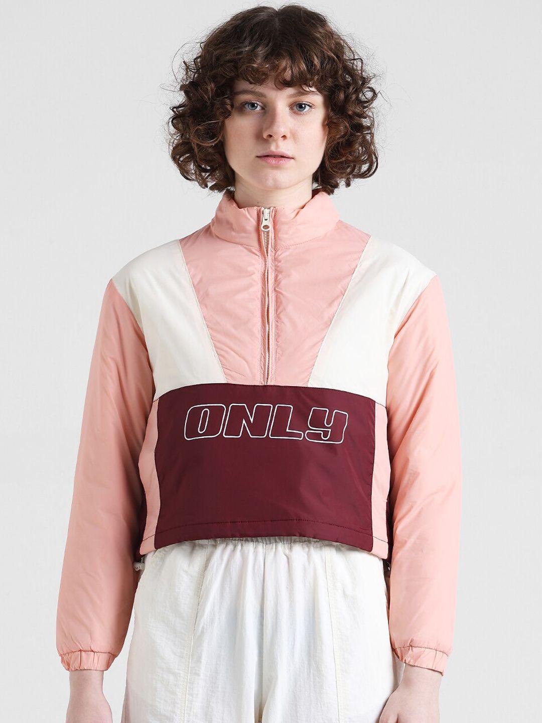 only colourblocked stand collar crop bomber jacket