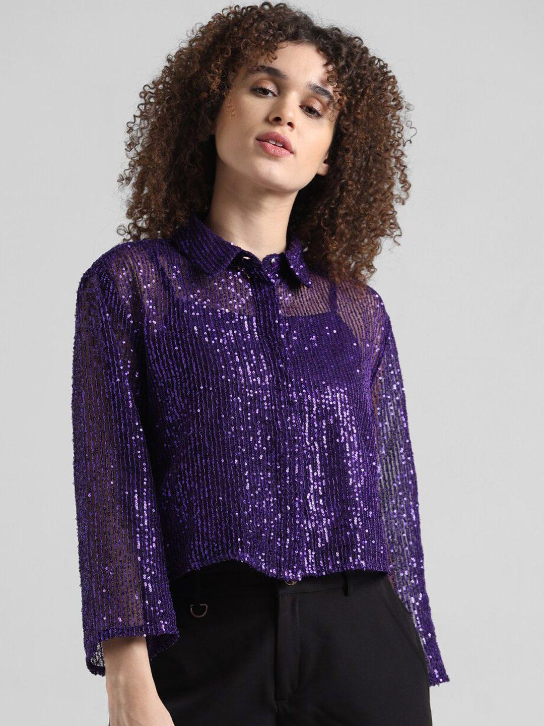 only embellished mandarin collar sequined shirt style top