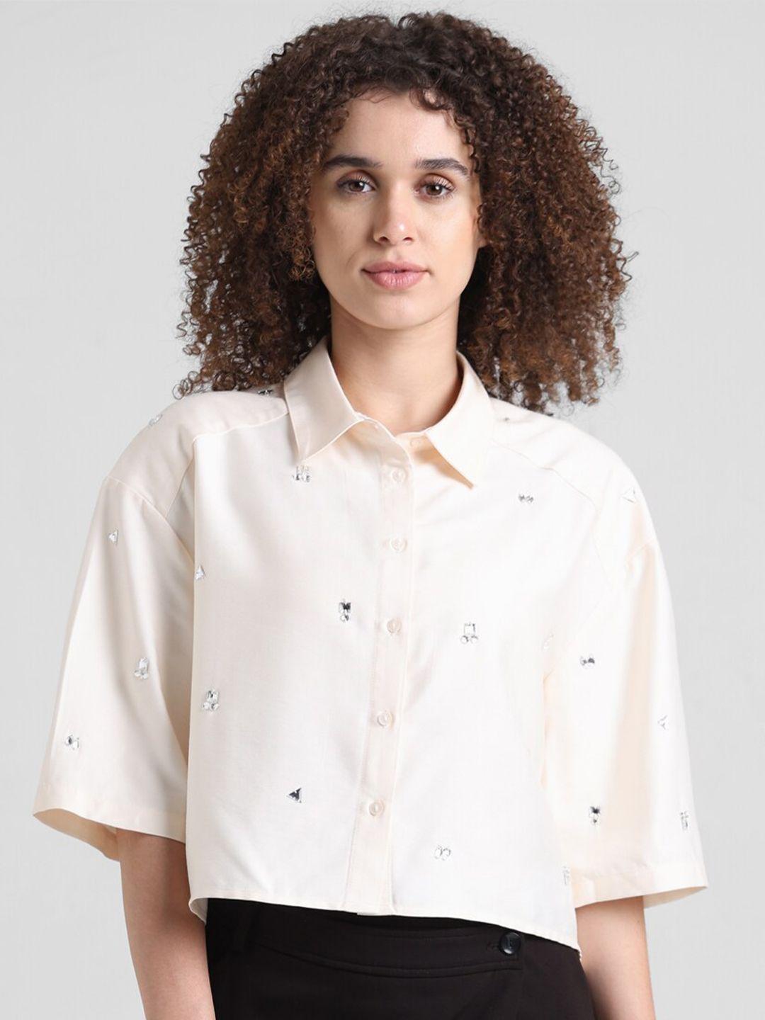 only embellished spread collar casual crop shirt