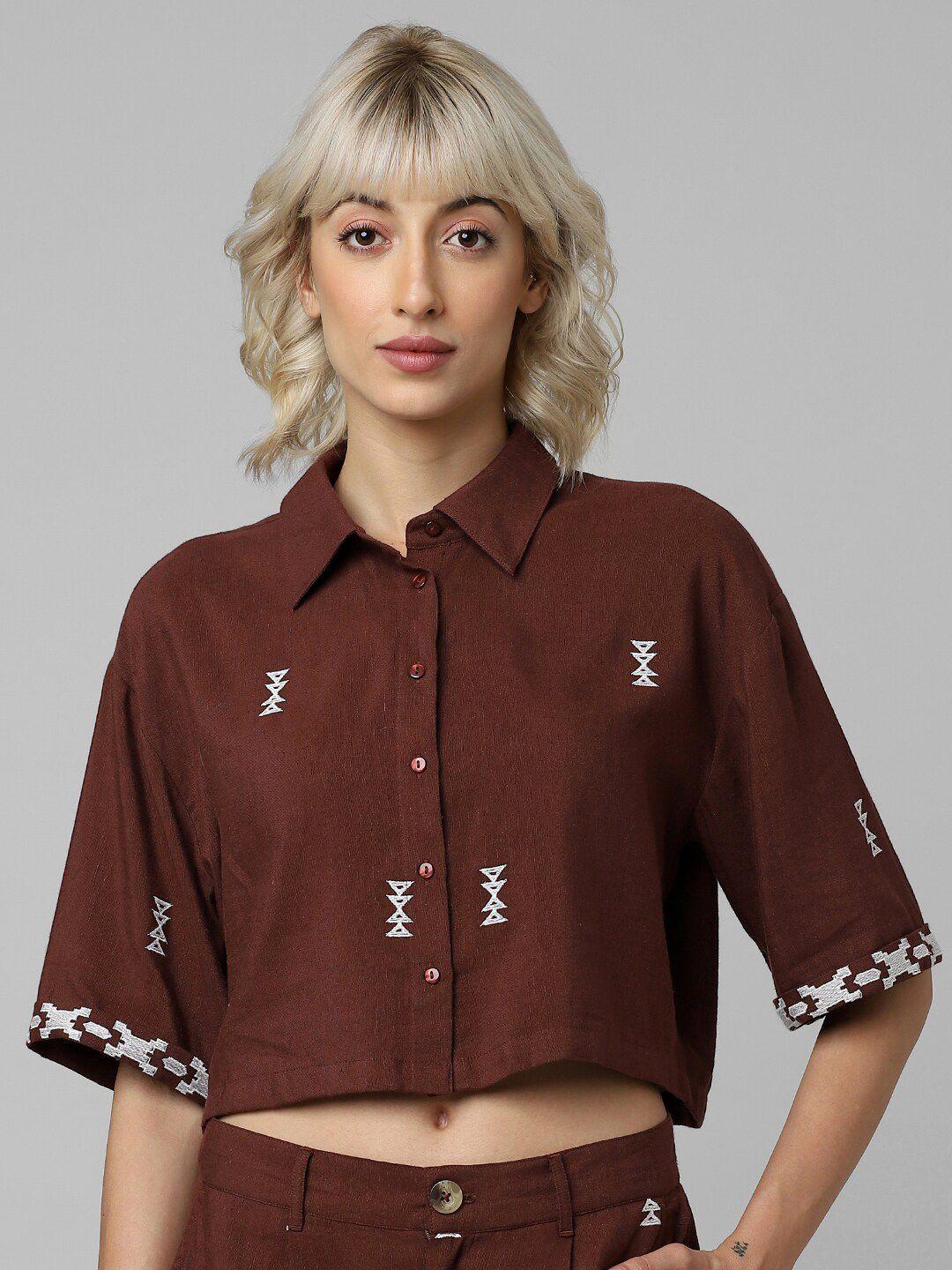 only embroidered opaque casual crop shirt