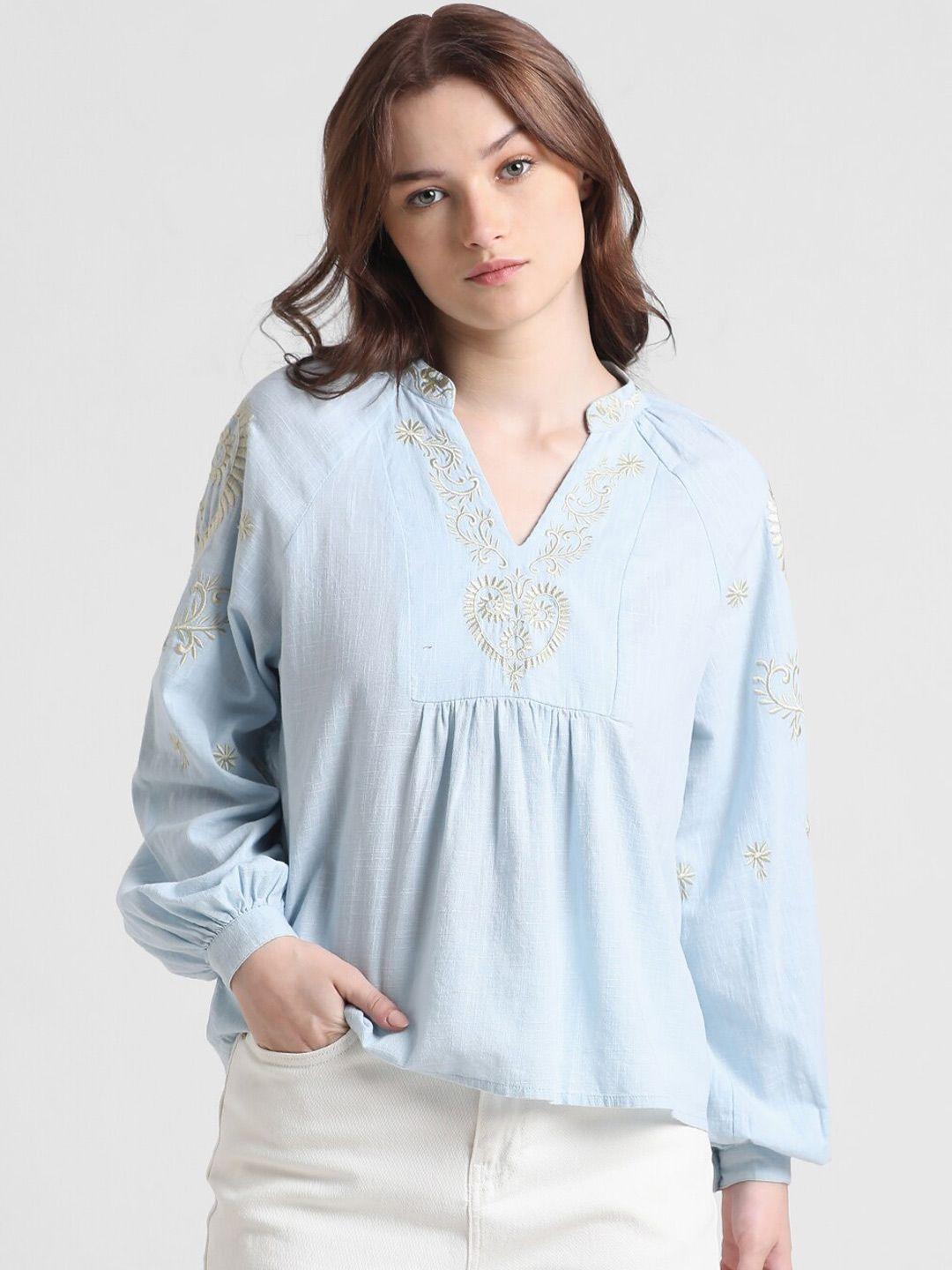 only ethnic embroidered mandarin collar gathered a-line pure cotton top