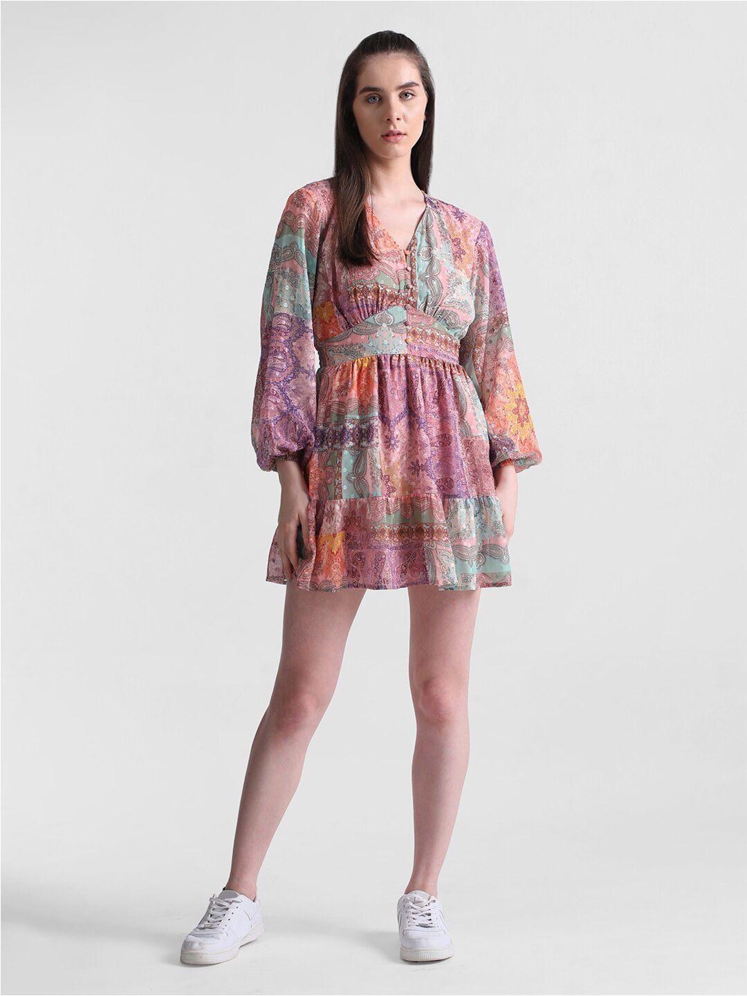 only ethnic motifs printed bishop sleeves mini fit & flare dress