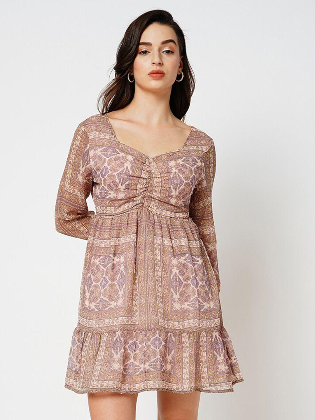 only ethnic motifs printed gathered flounce fit & flare mini dress