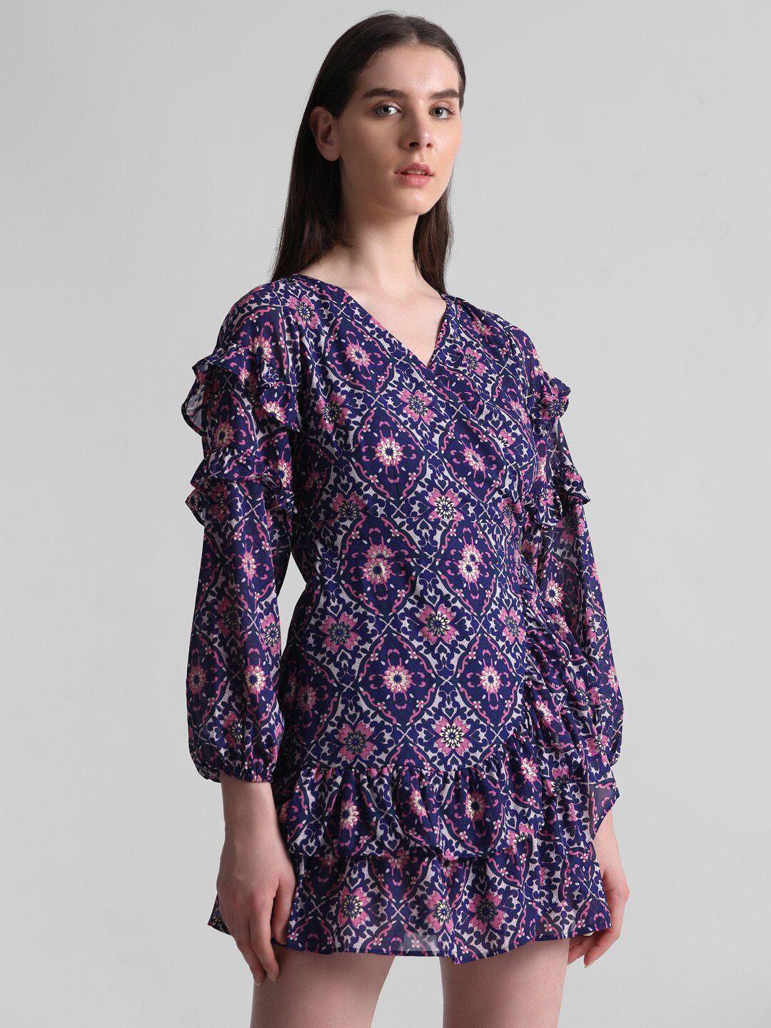 only ethnic motifs printed puff sleeves ruffle detail mini wrap dress