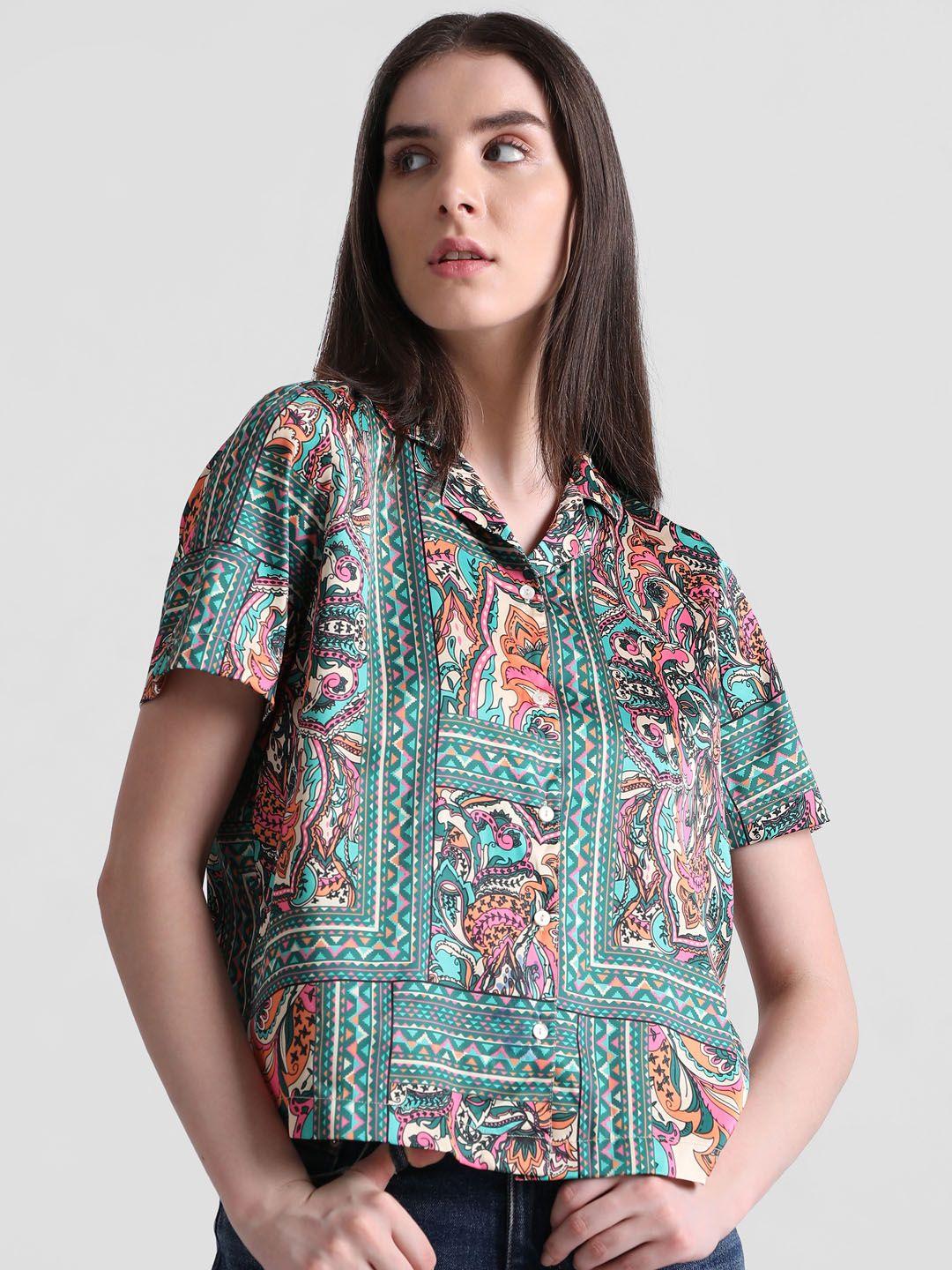 only ethnic motifs printed spread collar crop casual shirt