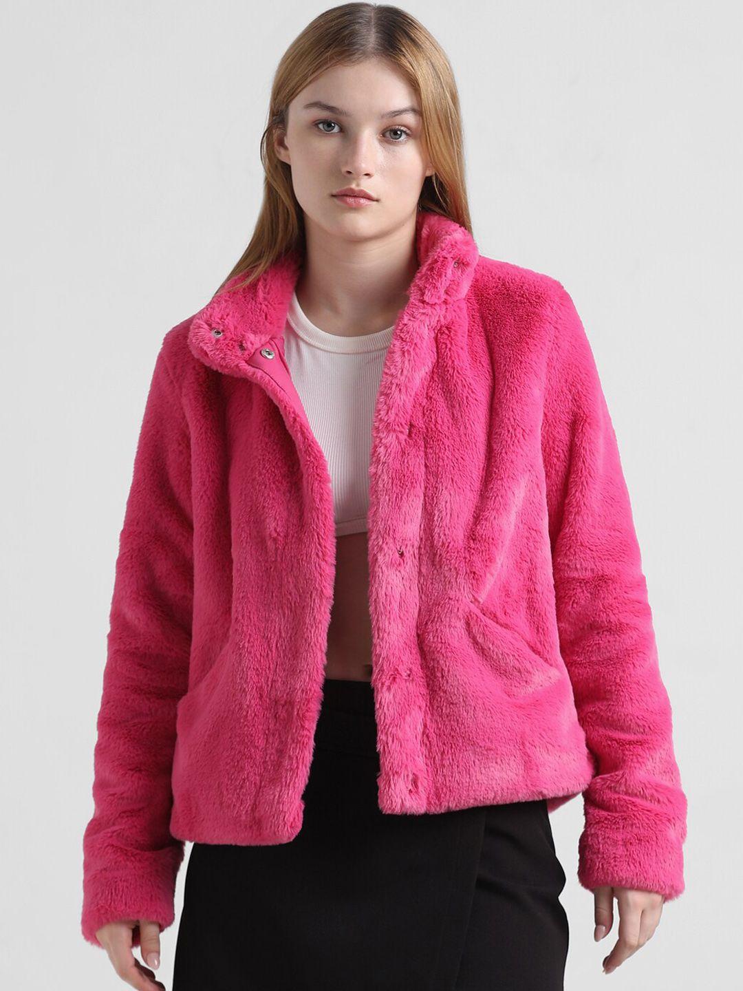 only faux fur self design mock collar tailored jacket