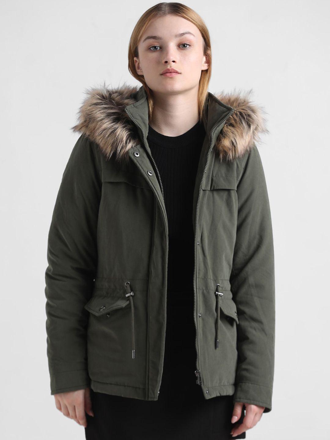 only faux fur trim hooded parka coat