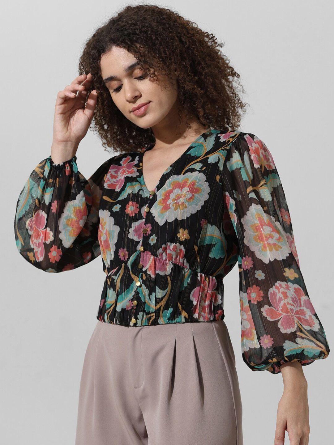 only floral print tie-up neck flared sleeve chiffon top