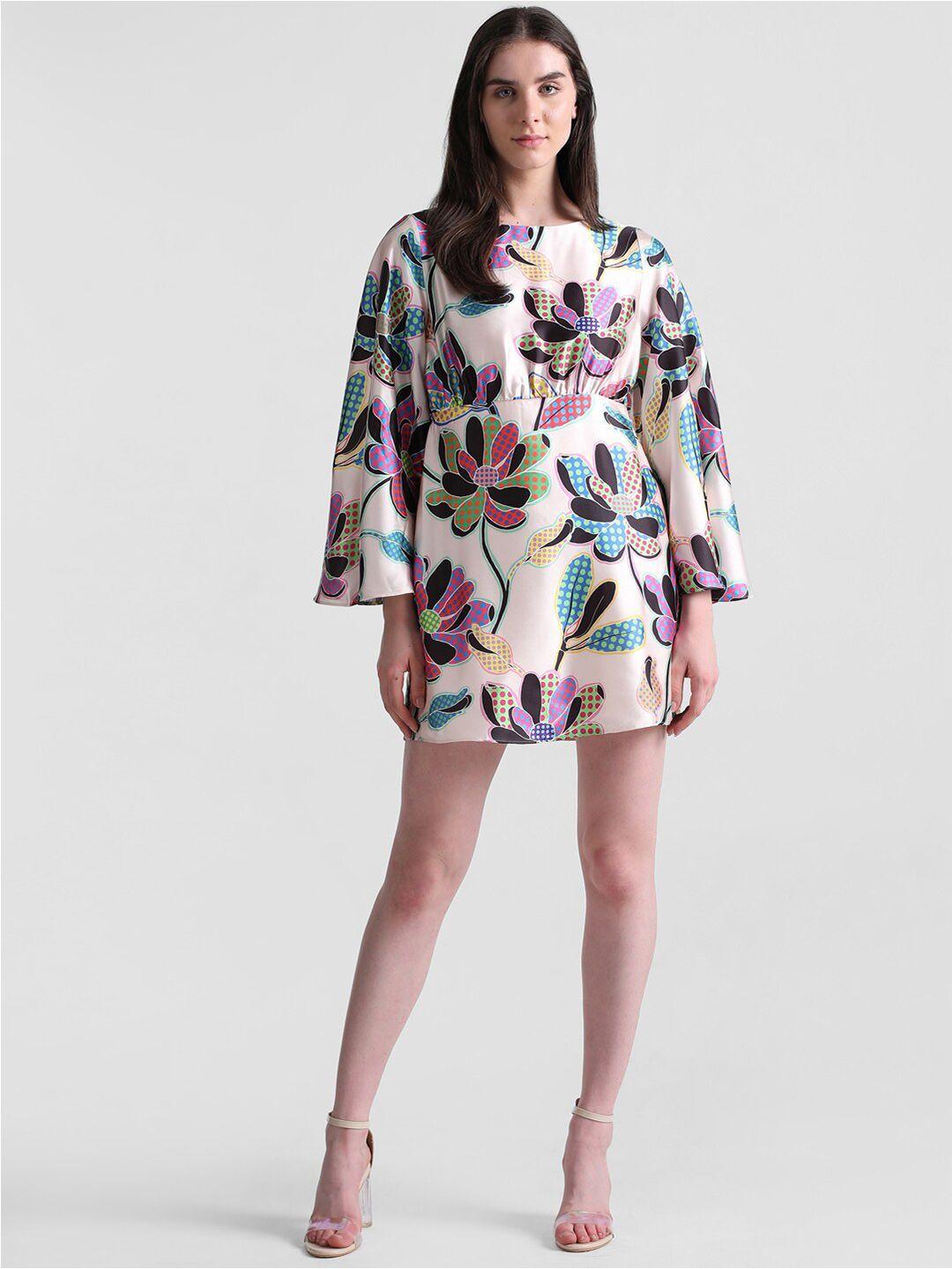 only floral printed boat neck flared sleeves mini sheath dress