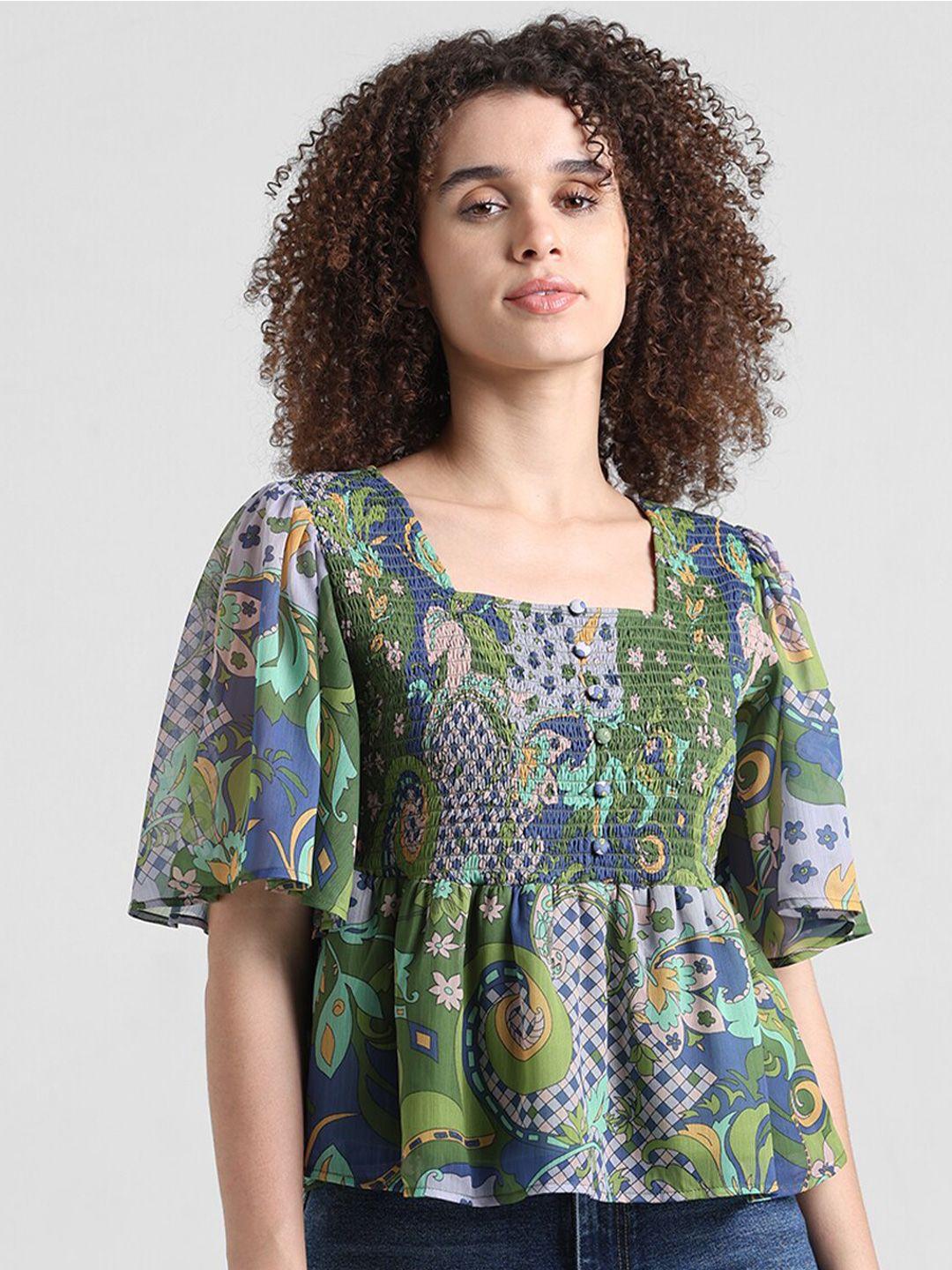 only floral printed flared sleeves smocked chiffon peplum top