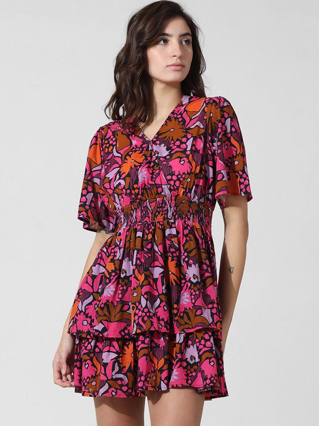 only floral printed layered smocked v-neck pure cotton fit & flare dress