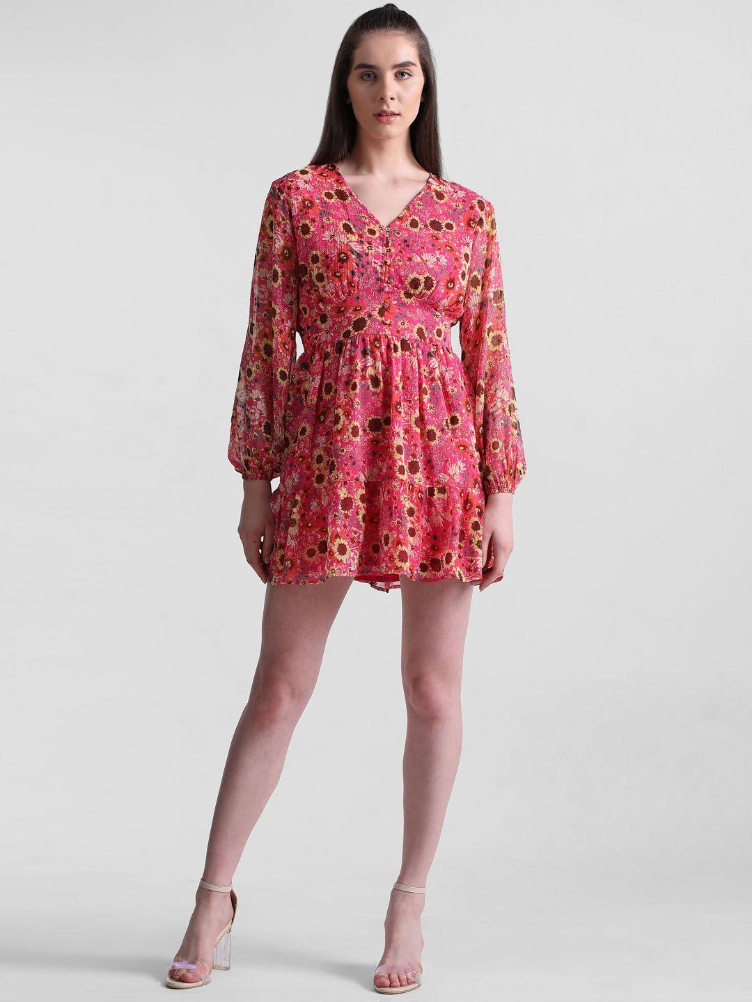 only floral printed puff sleeves gathered fit & flare mini dress