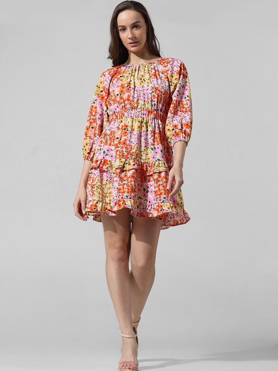 only floral printed puff sleeves gathered ruffled fit & flare dress