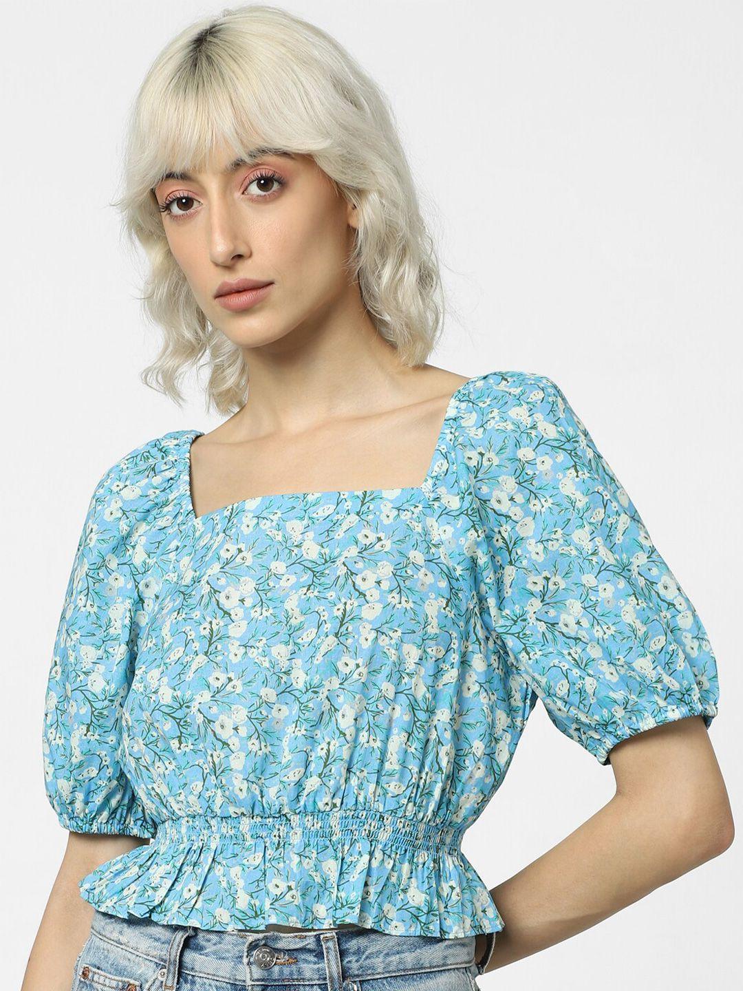 only floral printed puff sleeves square neck pure cotton crop peplum top