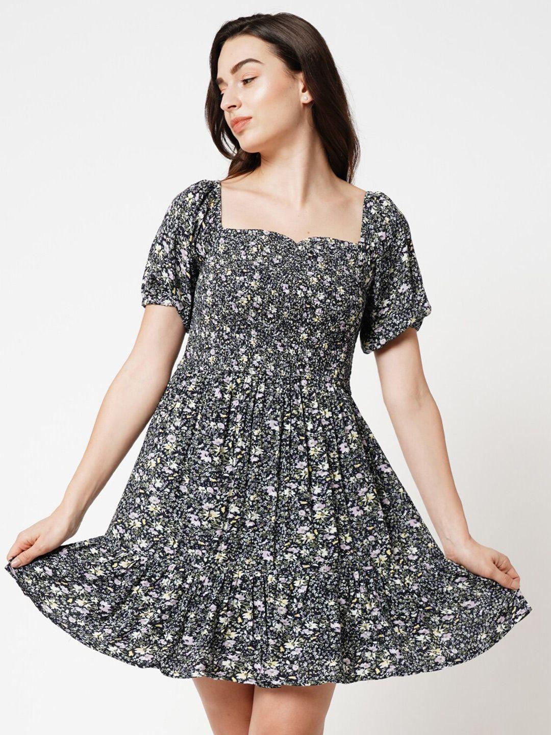 only floral printed puff sleeves sweetheart neck smocked flounce fit & flare dress