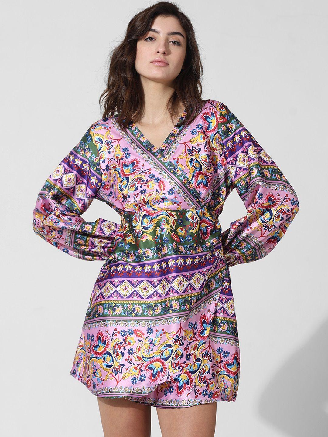 only floral printed puff sleeves v-neck satin mini dress