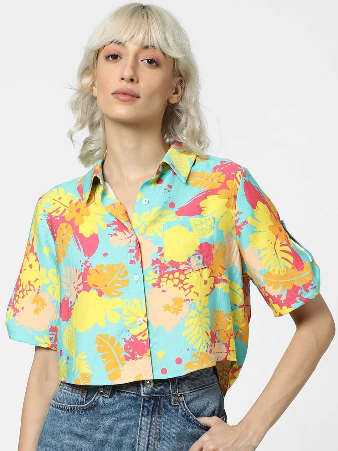only floral printed roll-up sleeves high low casual shirt