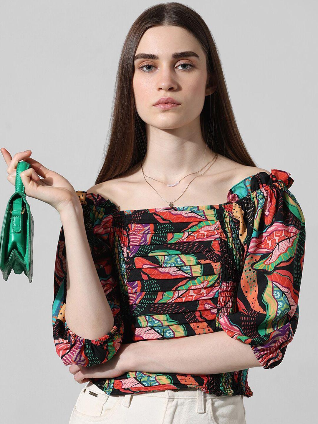 only floral printed smocked pleated off-shoulder bardot crop top