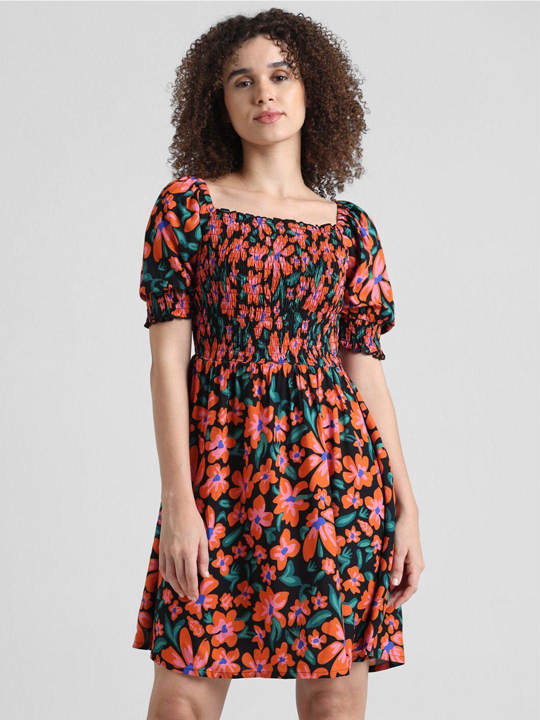 only floral printed square neck puff sleeves smocked fit & flare dress