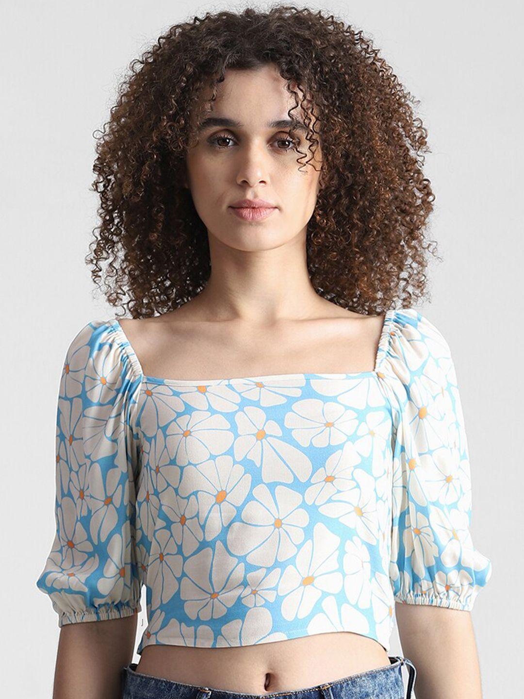 only floral printed square neck puff sleeves smocked tie-up detail crop top