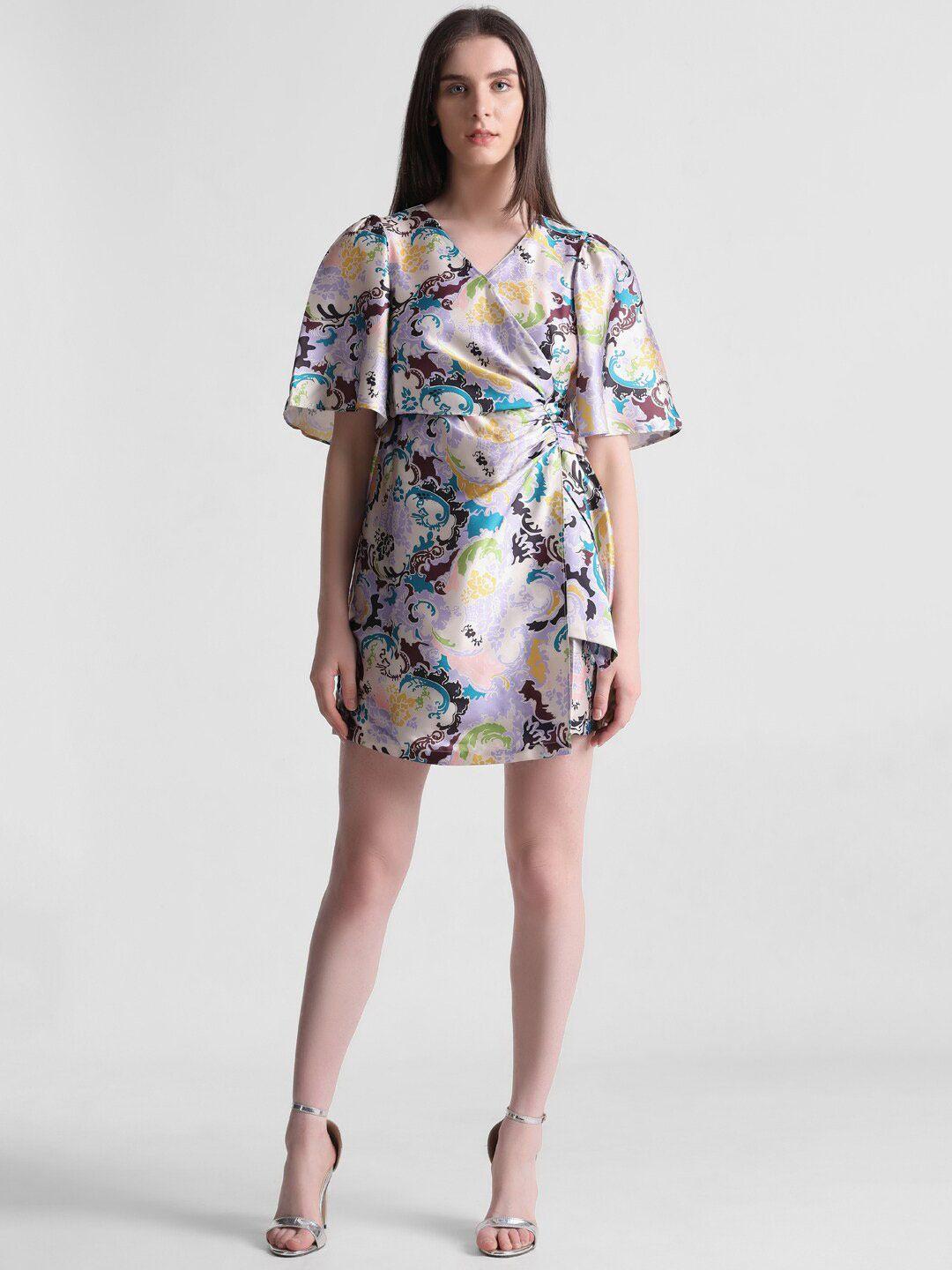 only floral printed v-neck flared sleeves gathers wrap dress