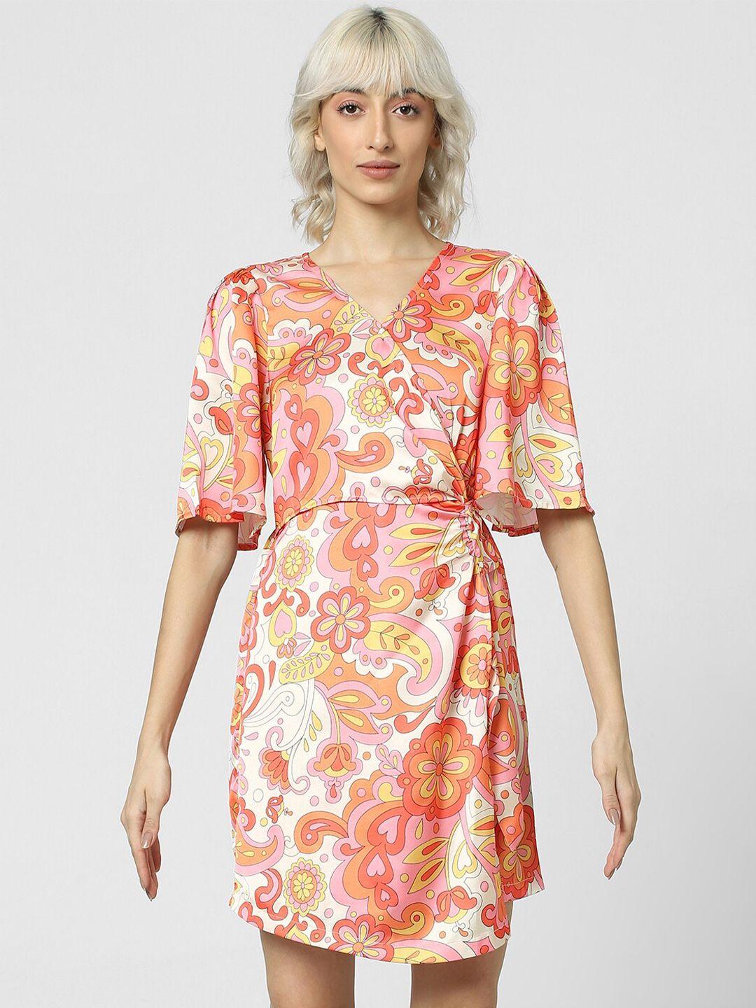 only floral printed v-neck flared sleeves wrap dress