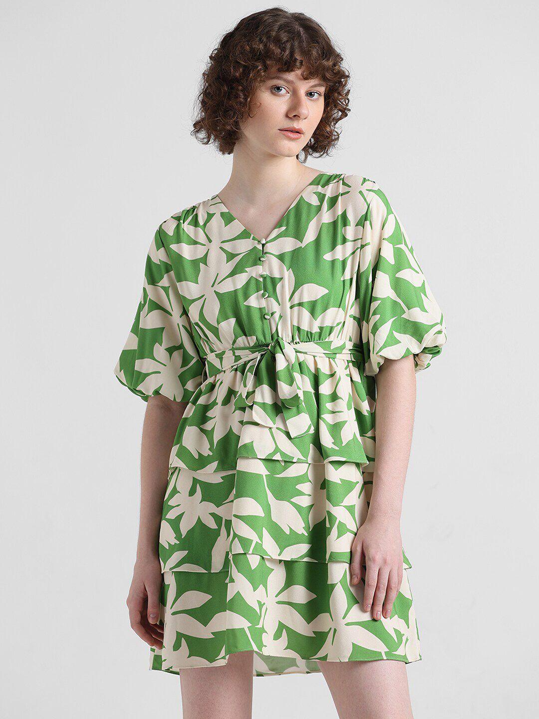 only floral printed v-neck puff sleeves belted layered a-line dress