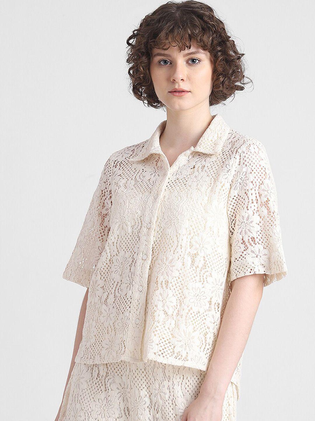 only floral self design short sleeves semi sheer printed casual shirt
