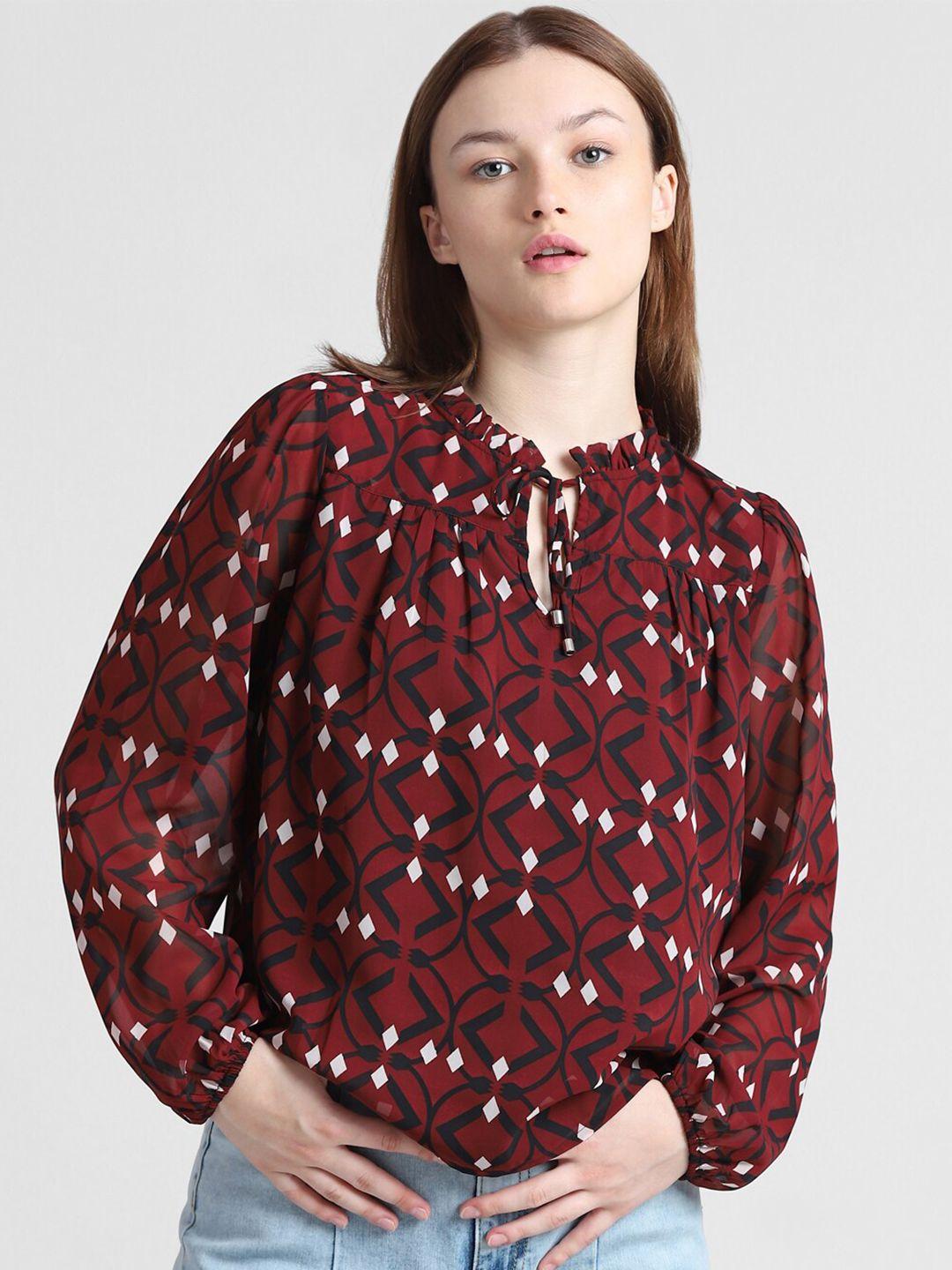 only geometric printed puff sleeves gathered tie-up neck top