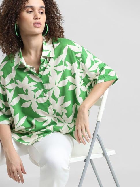 only green & white viscose floral print shirt