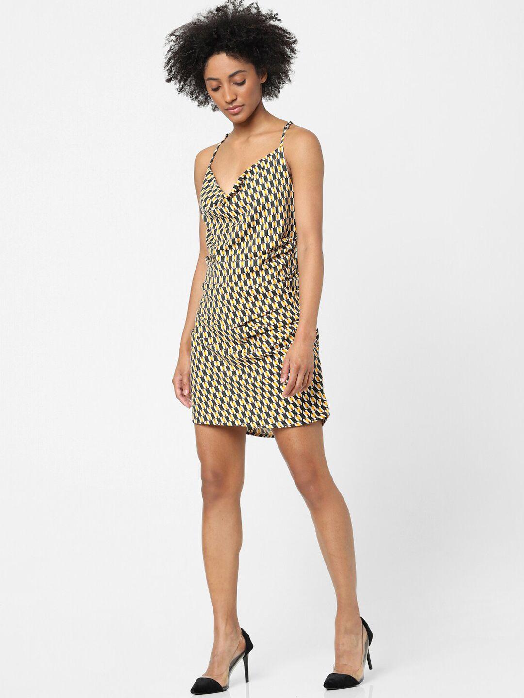 only green & yellow printed cowl neck sheath dress